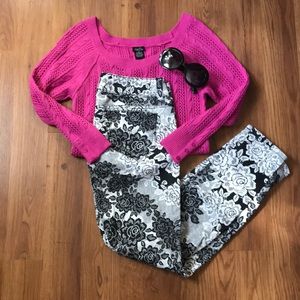 Black & white lace/rose print pants